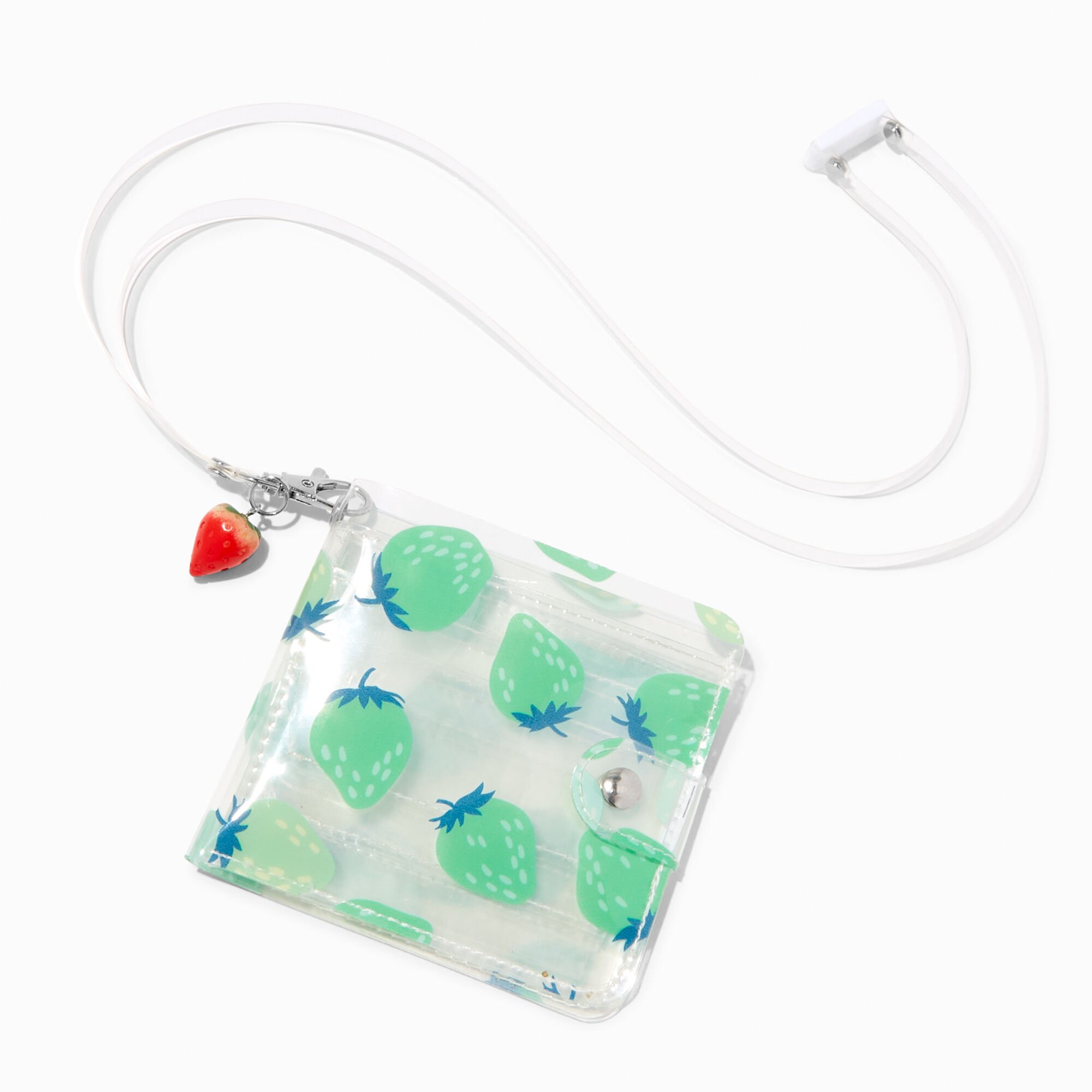 View Claires Strawberry Print Clear Wallet With Lanyard Green information