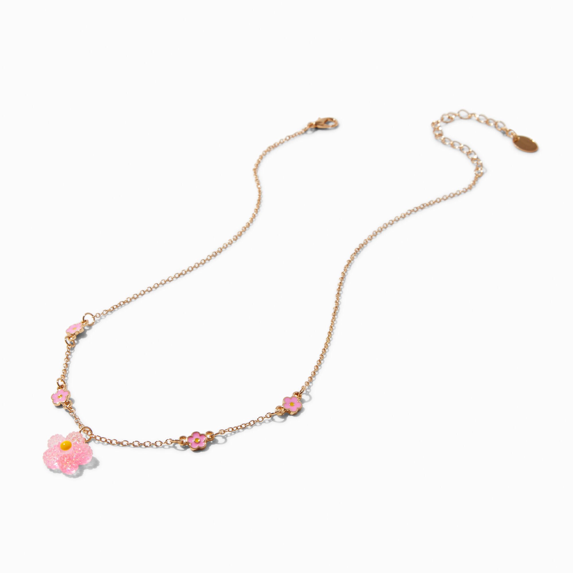 Pink Textured Daisy Gold-tone Pendant Necklace,