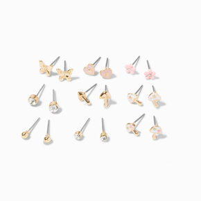 Gold Cottagecore Stud Earrings - 9 Pack,