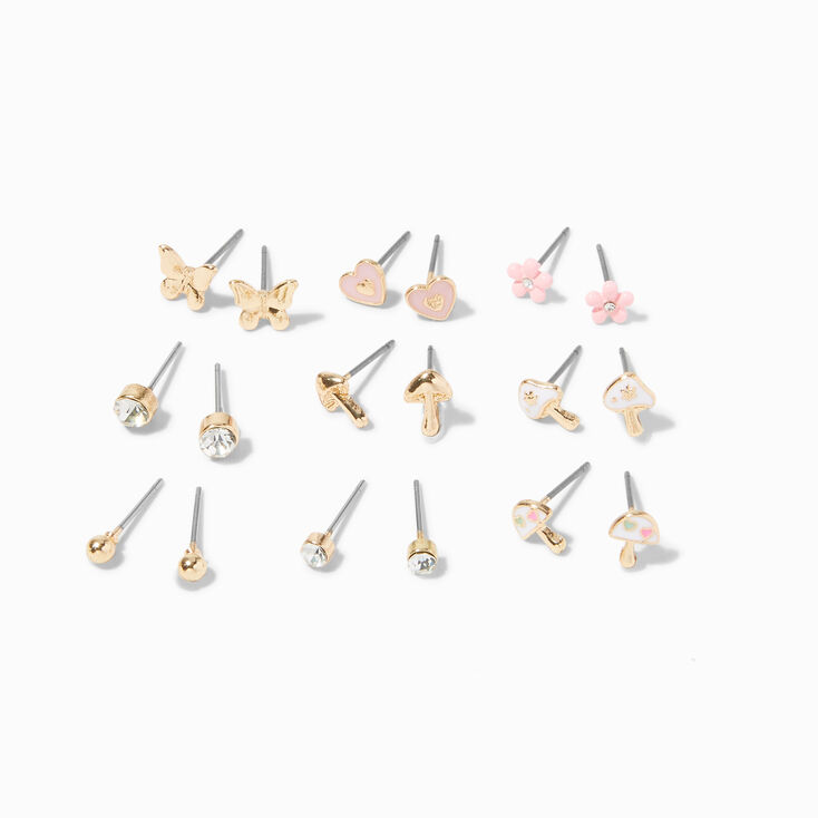 Gold Cottagecore Stud Earrings - 9 Pack,