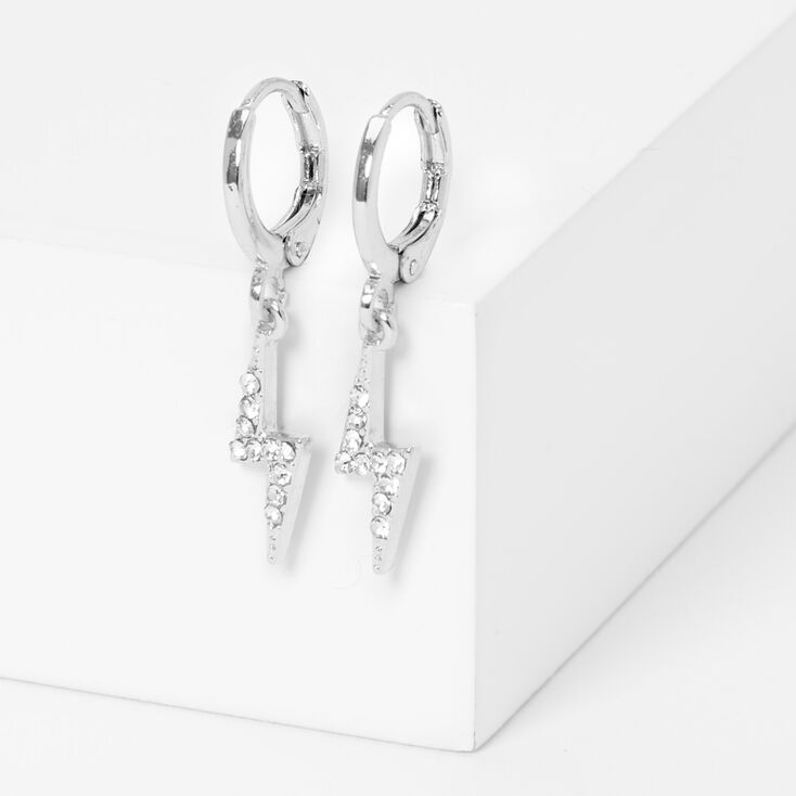 Silver 10MM Embellished Lightning Bolt Huggie Hoop Earrings,