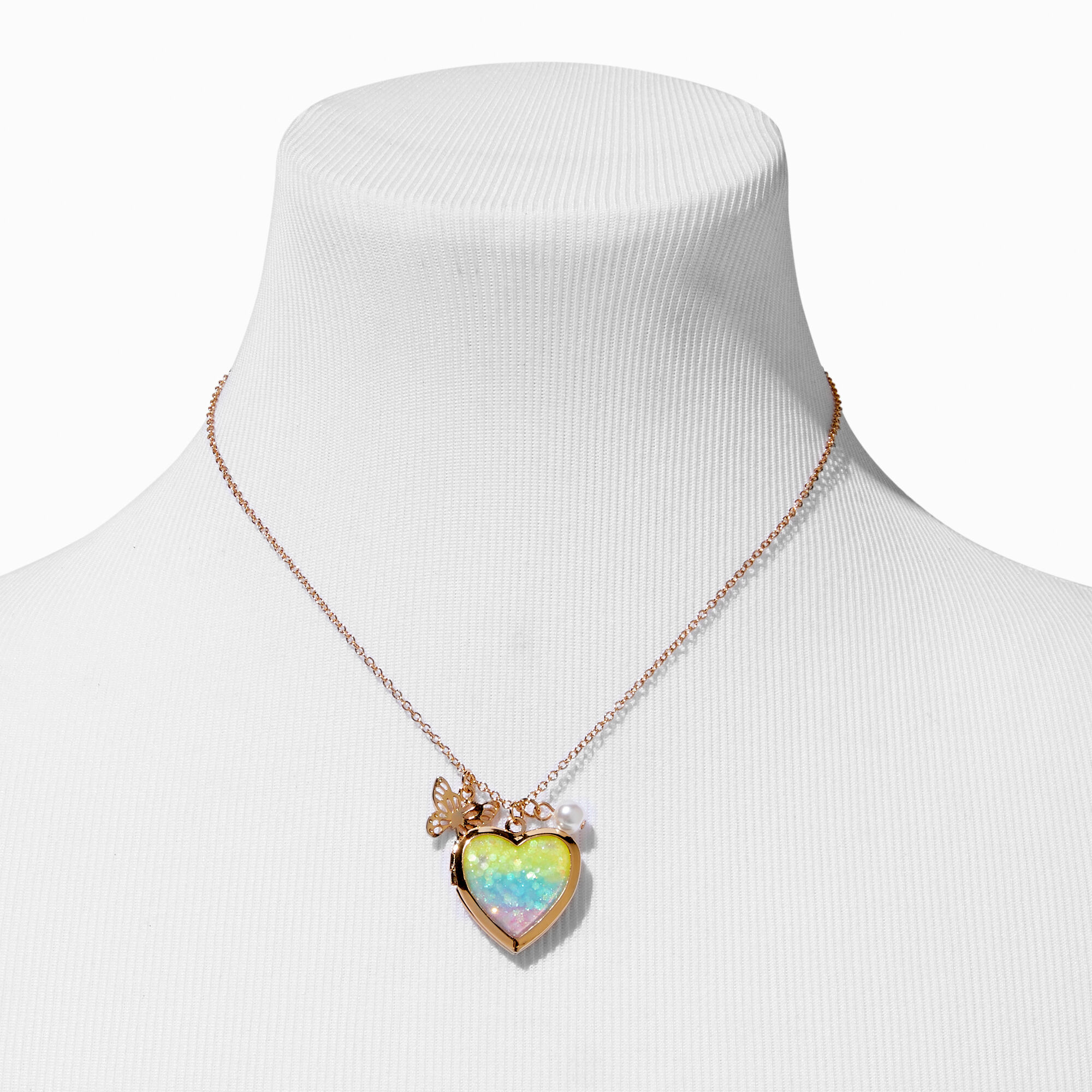 Gold Rainbow Heart Locket Pendant Necklace,