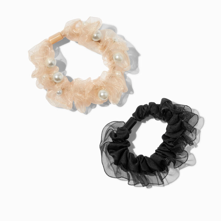 Sheer Pearl Ivory &amp; Black Hair Scrunchies - 2 Pack,