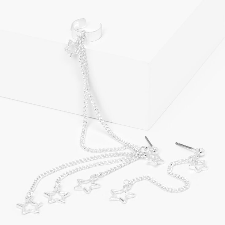 Silver Open Star Ear Cuff Connector Chain Drop Earrings,