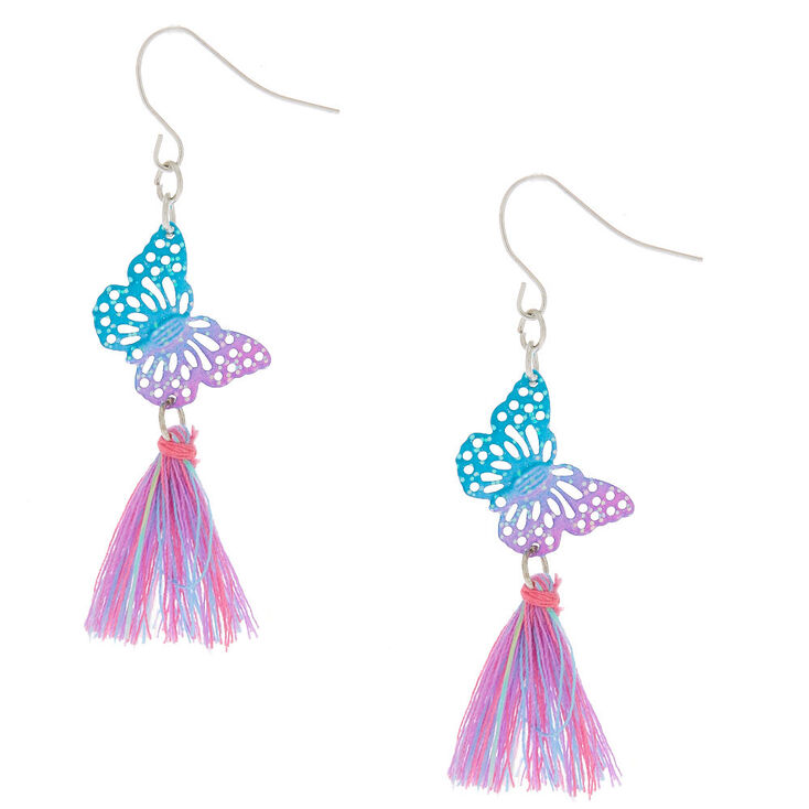 2.5&quot; Glitter Butterfly Tassel Drop Earrings,