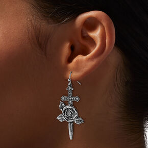 Silver-tone Dagger &amp; Rose Drop Earrings ,