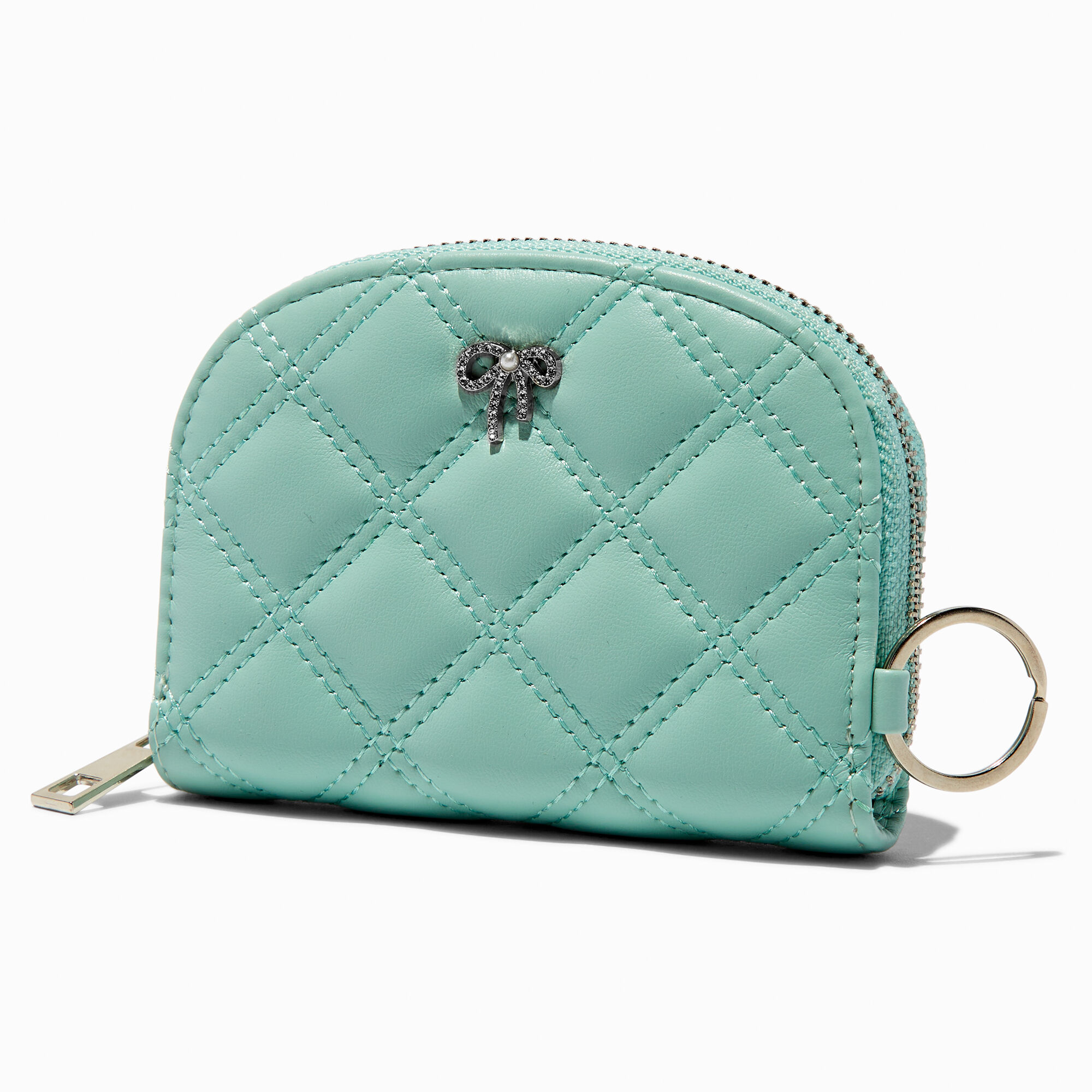 View Claires Crystal Bow Quilted Mint Wallet Green information