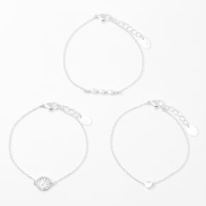 Silver Hearts &amp; Love Chain Bracelets - 3 Pack,