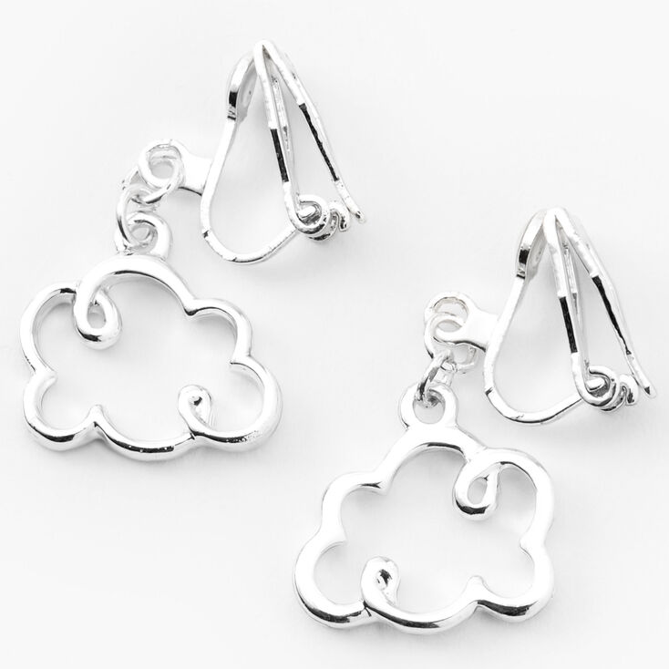Silver Cloud Outline Clip On Drop Earrings,