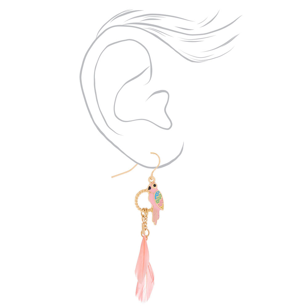 Gold 2" Parrot Feather Drop Earrings - Pink,