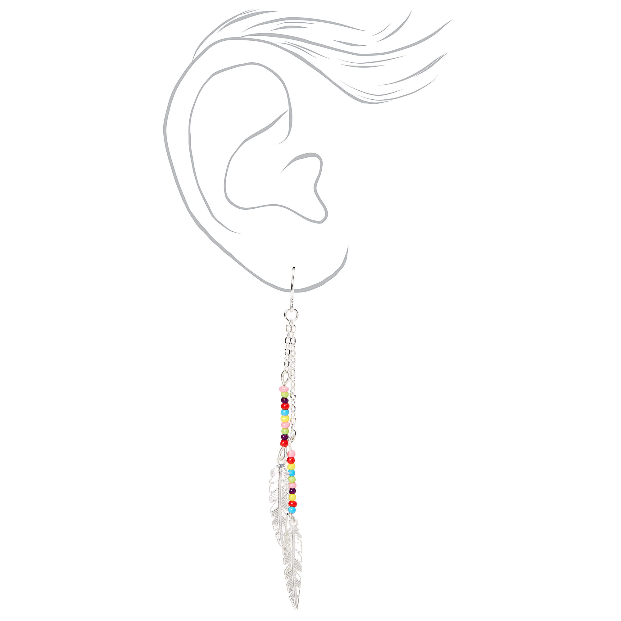 Silver 2" Rainbow Beaded Feather Drop Earrings,
