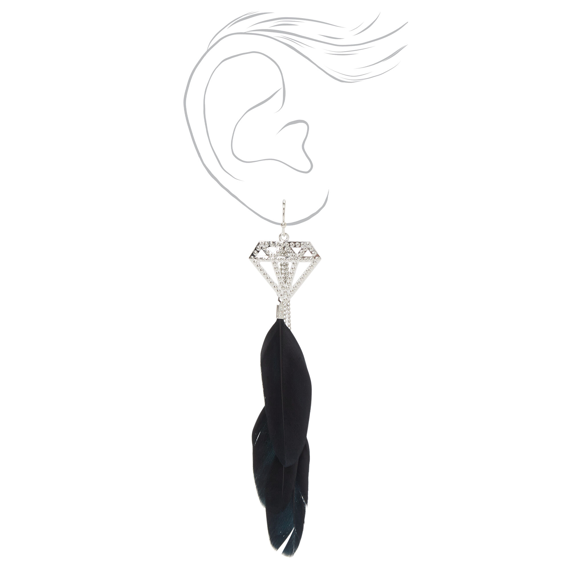 Silver 4" Studded Gem Black Feather Drop Earrings,