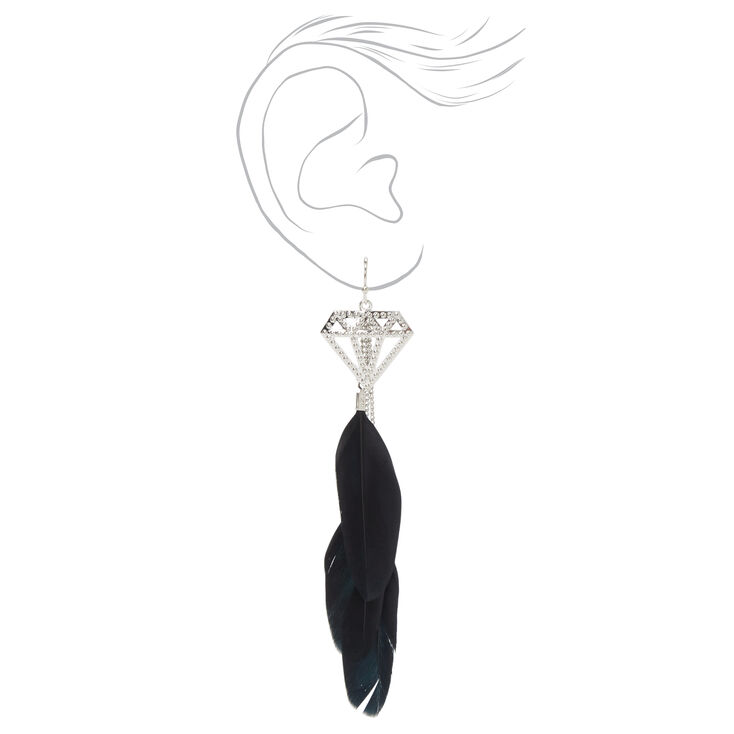 Silver 4&quot; Studded Gem Black Feather Drop Earrings,