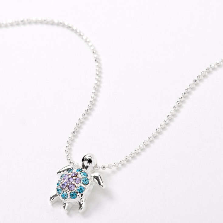 Silver Blue &amp; Purple Embellished Turtle Pendant Necklace,