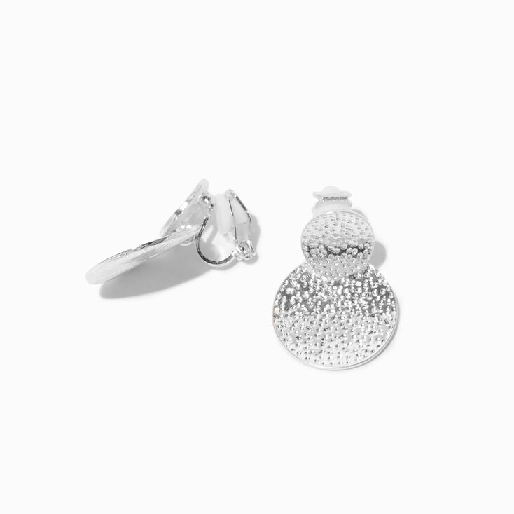 Silver-tone Textured Double Disc 2&quot; Clip-On Drop Earrings,