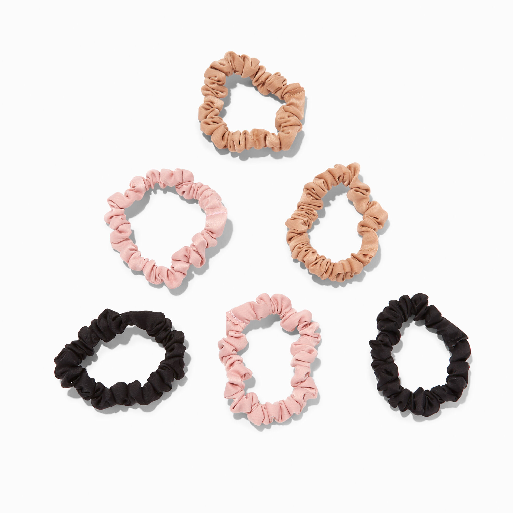 View Claires Black Pink Skinny Silky Hair Scrunchies 6 Pack Tan information