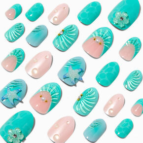 3D Blue Mermaid Stiletto Press On Vegan Faux Nail Set - 24 Pack,