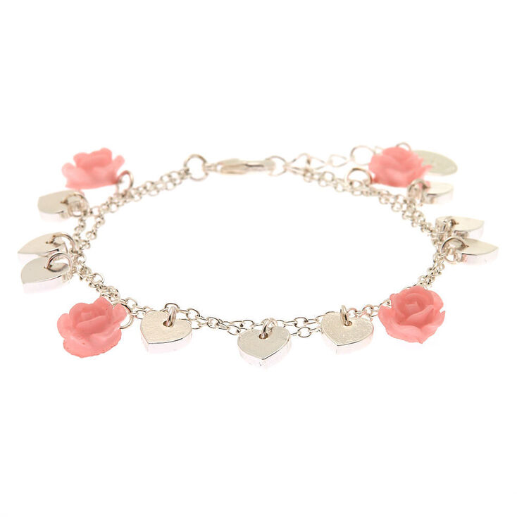 Silver Rose Heart Charm Bracelet - Pink,