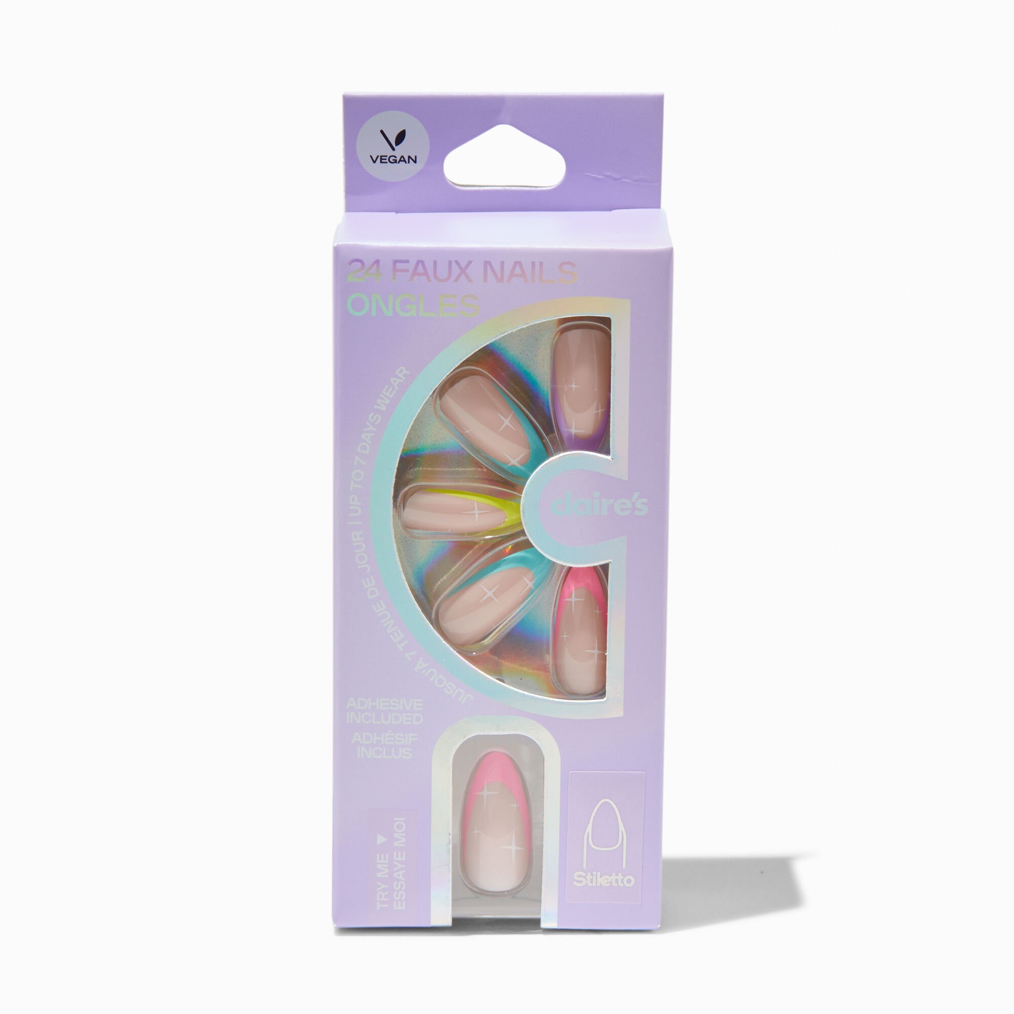 Faux ongles vegan stiletto à étoiles style French manucure arc-en-ciel - Lot de 24,