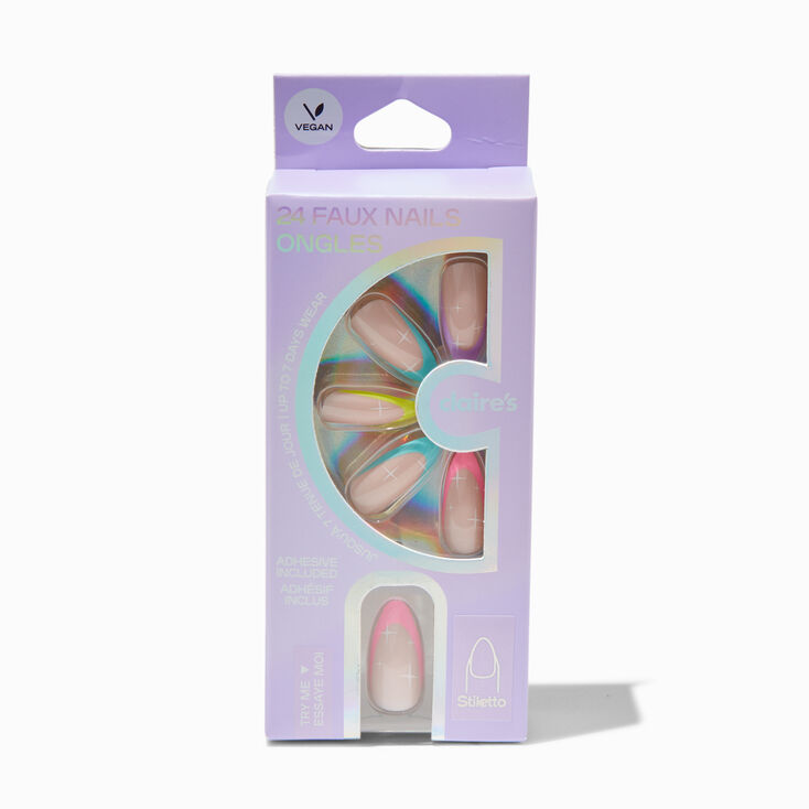 Rainbow French Tip Stars Stiletto Vegan Faux Nail Set - 24 Pack,