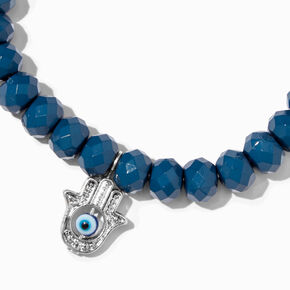 Silver Hamsa Hand Blue Beaded Stretch Bracelet,