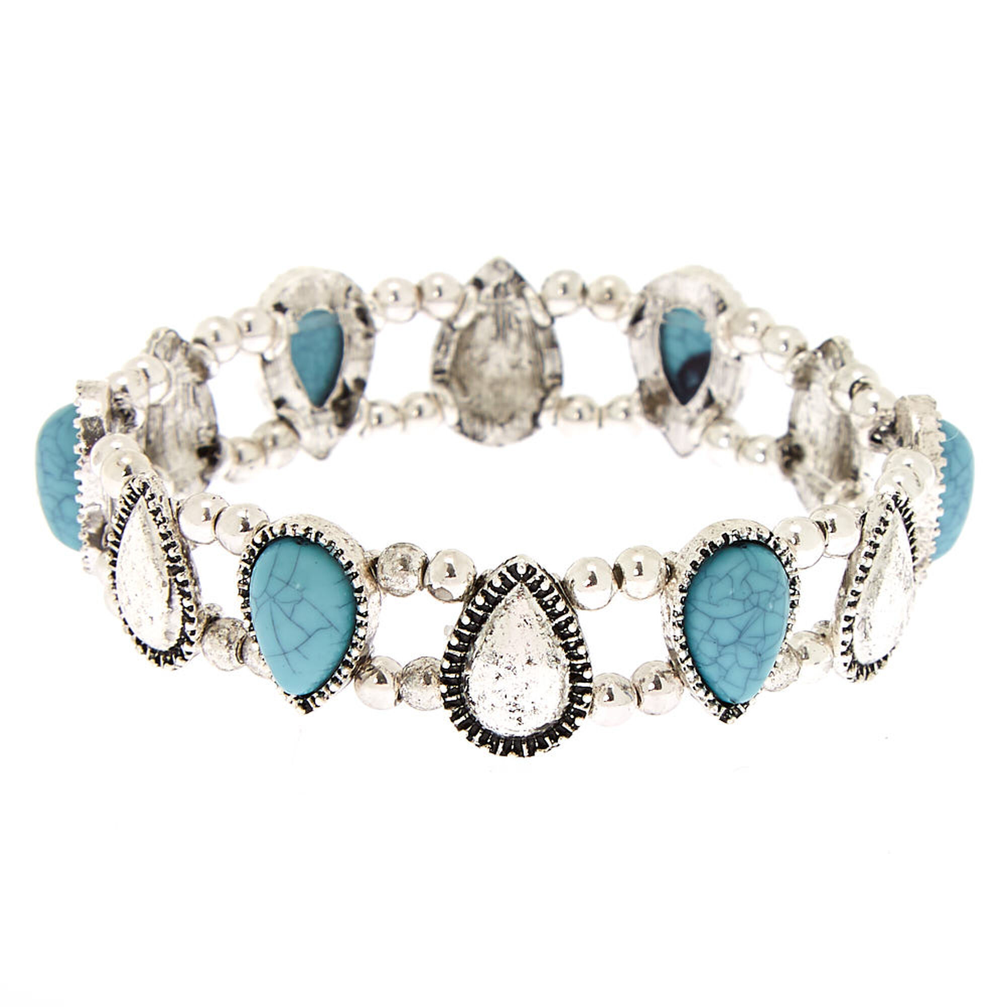 Antique Silver Teardrop Stretch Bracelet - Turquoise | Claire's US