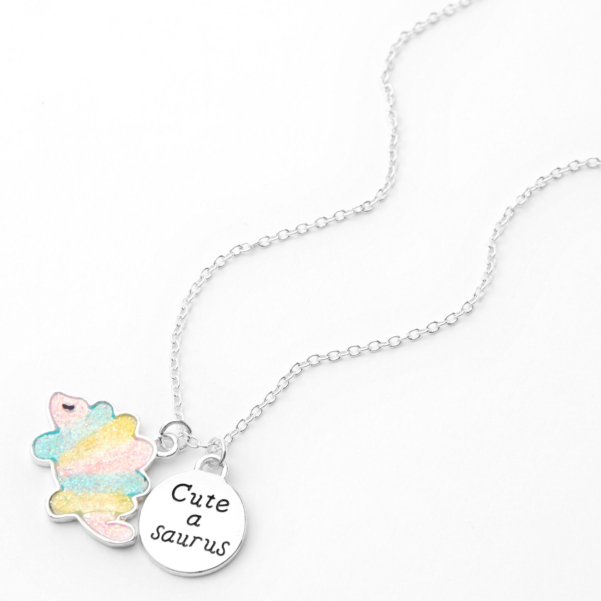 Pastel Glitter Cute-a-saurus Silver Pendant Necklace,