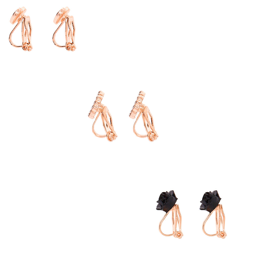 Rose Gold Clock Clip On Stud Earrings - 3 Pack,