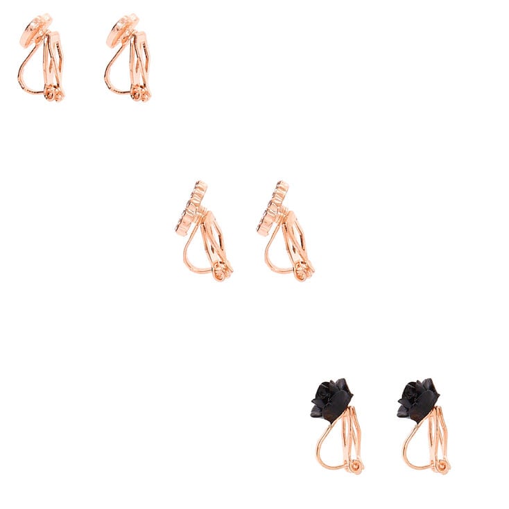 Rose Gold Clock Clip On Stud Earrings - 3 Pack,
