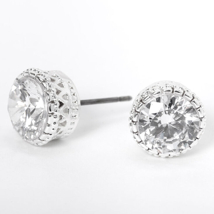 Silver Cubic Zirconia Round Vintage Stud Earrings - 8MM,