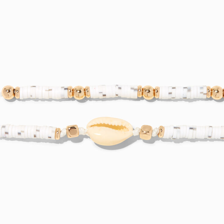 Bracelets perl&eacute;s heishi et coquillage cauri blancs - Lot de 2,