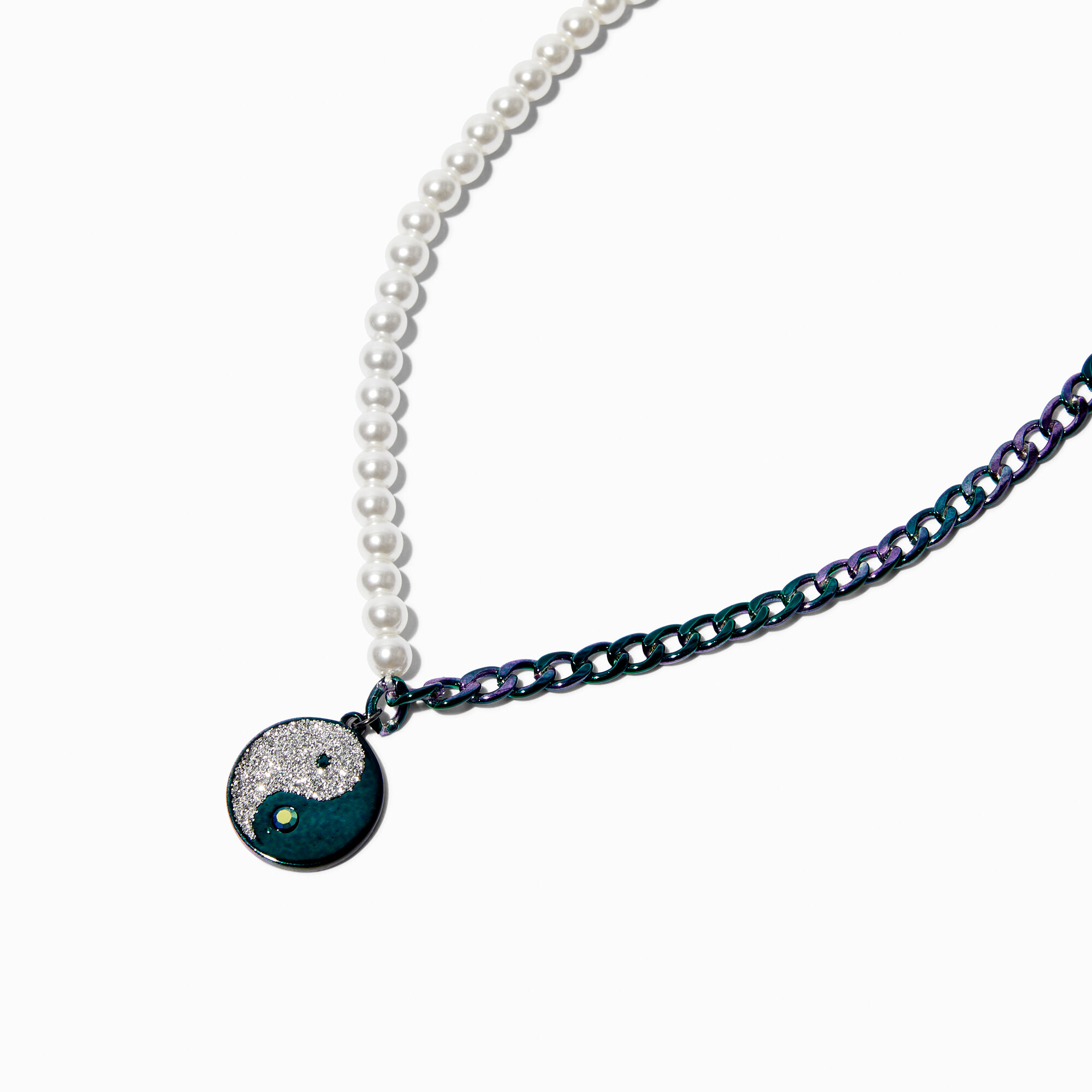 View Claires Yin Yang Half Pearl Anodized Curb Chain Necklace Blue information