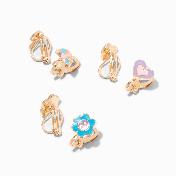 Heart, Mushroom, &amp; Daisy Yin Yang Clip On Earrings - 3 Pack,
