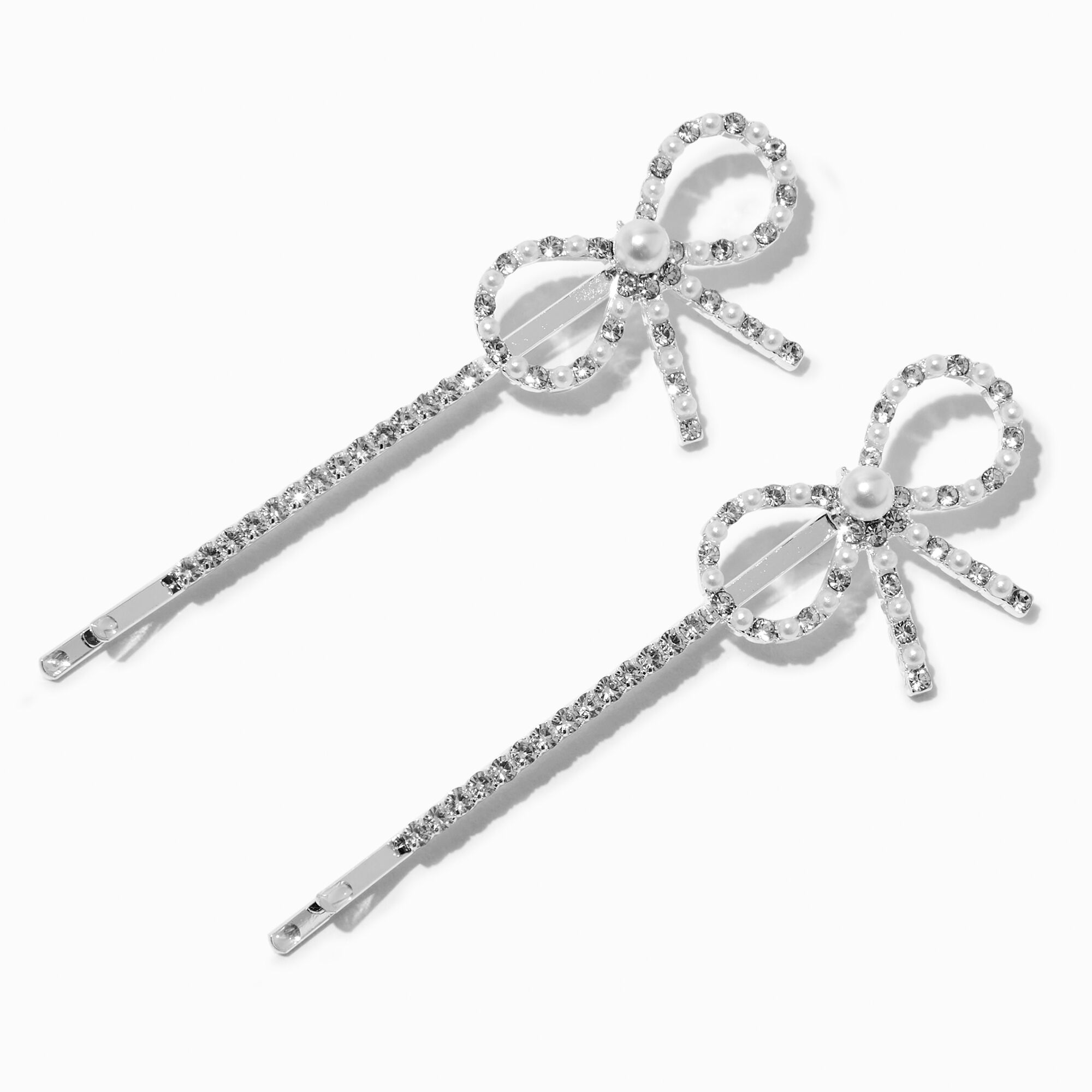 View Claires Tone Pearl Rhinestone Bow Hair Pins 2 Pack Silver information