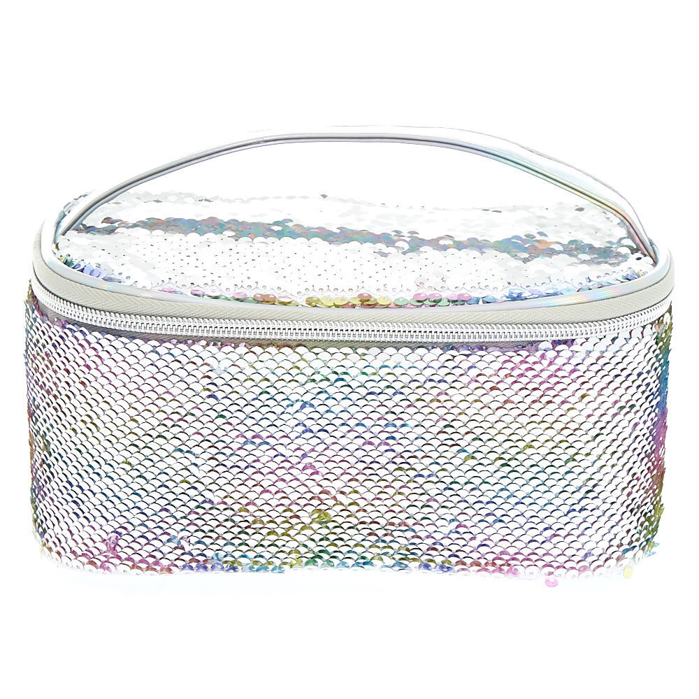 Trousse de maquillage structurée pastel arc-en-ciel avec sequins réversibles,