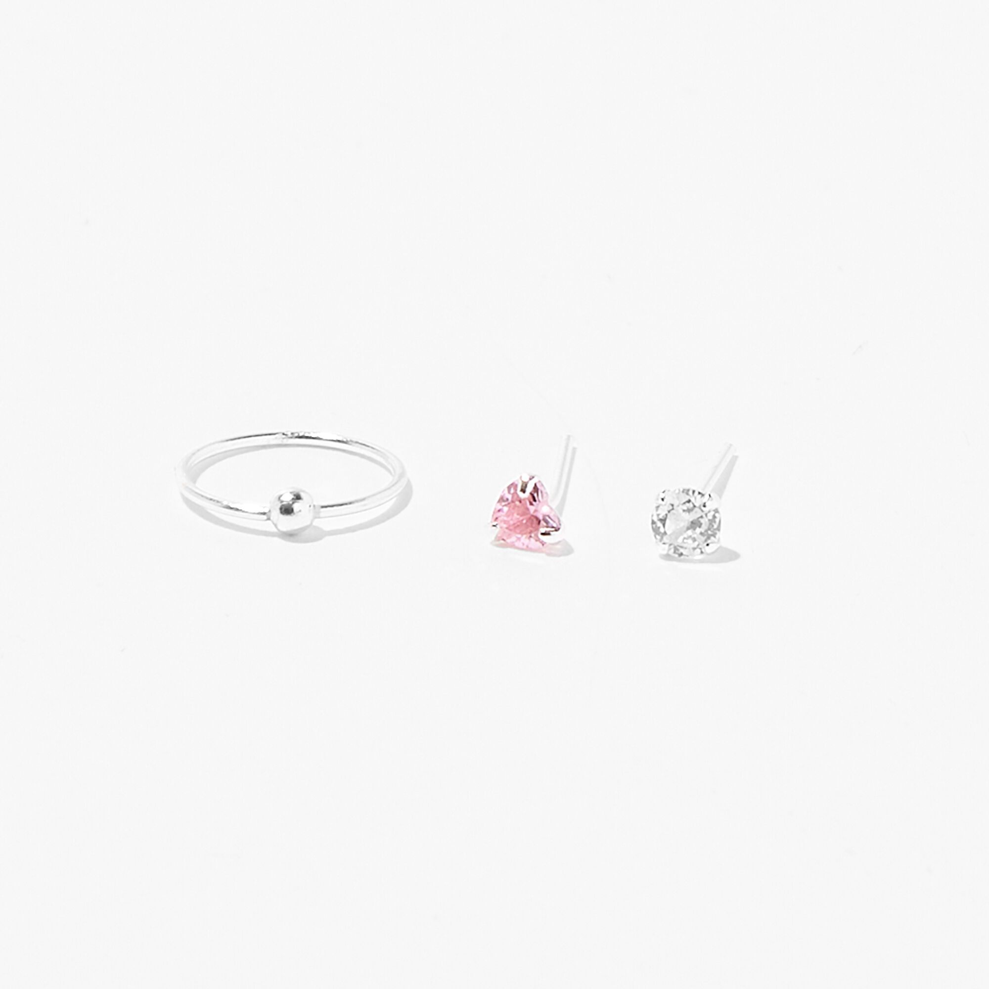 Silver 20G Heart Crystal Stud Hoop Nose Rings 3 Pack Claire s US