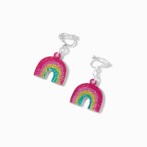 Silver-tone Glitter Rainbow 1&#39;&#39; Clip-On Drop Earrings,