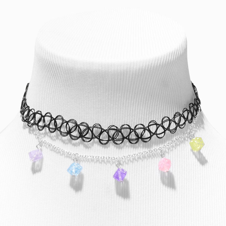 Black Tattoo Choker &amp; Chain Gemstone Charm Necklace,