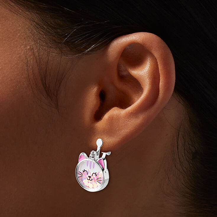 Shaker Pink Cat Clip-On Drop Earrings,