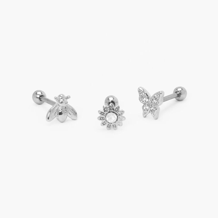 Silver Butterfly, Flower, & Bee Cartilage Earrings - 3 Pack