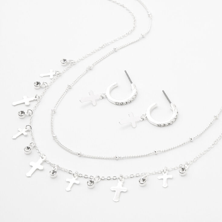 Silver Rhinestone Cross Jewelry Set - 2 Pack,