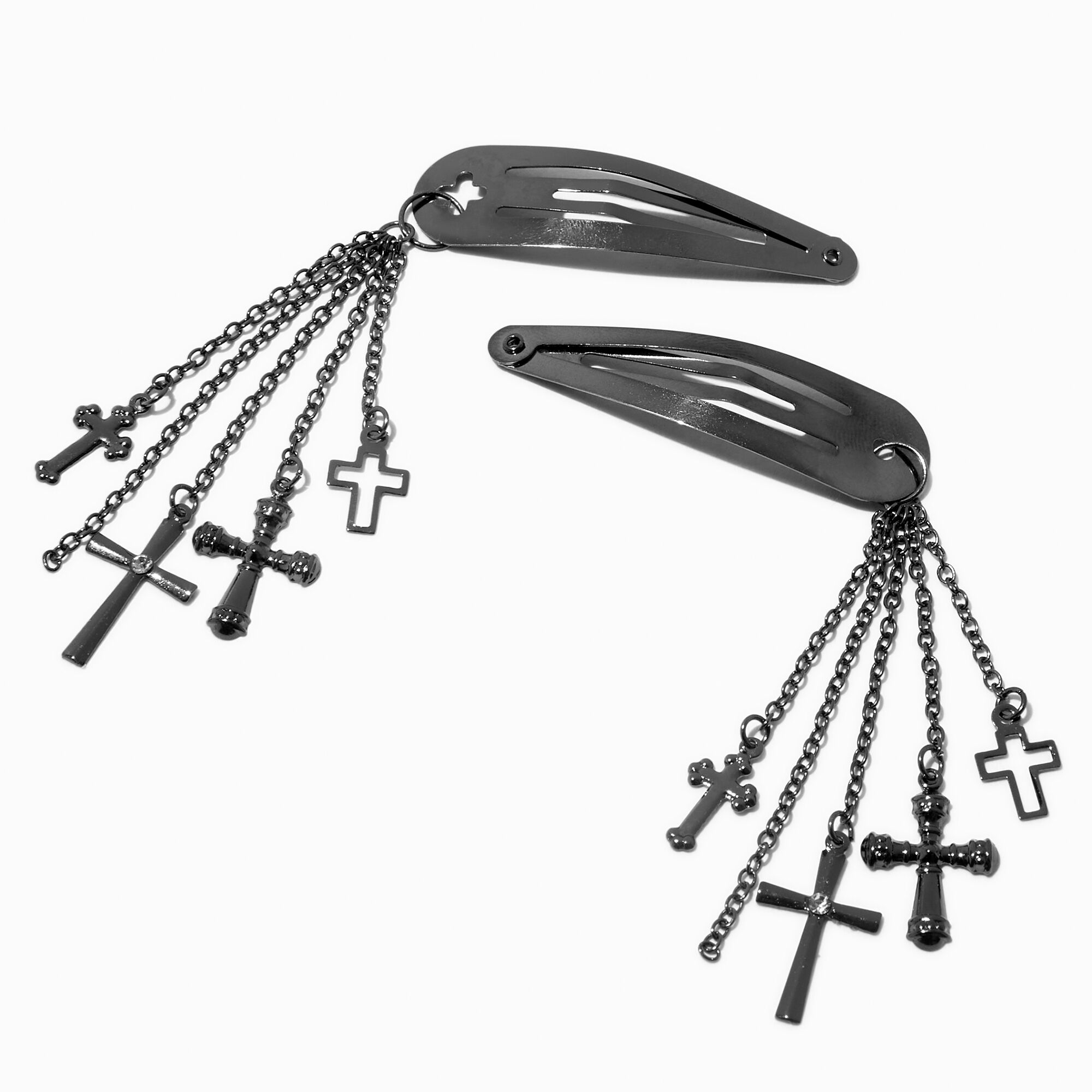 View Claires Hematite Cross Dangle Snap Hair Clips 2 Pack information