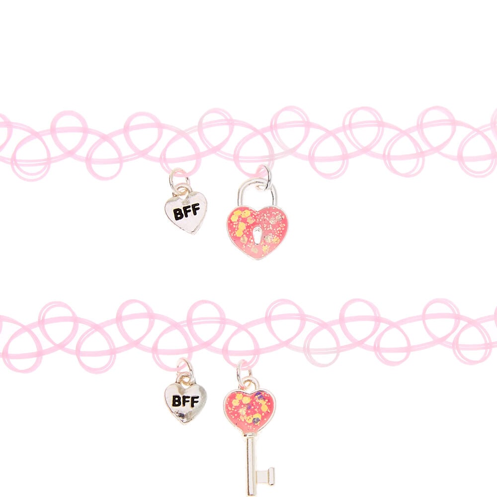 Best Friends Lock & Key Tattoo Choker Necklaces - Pink, 2 Pack,