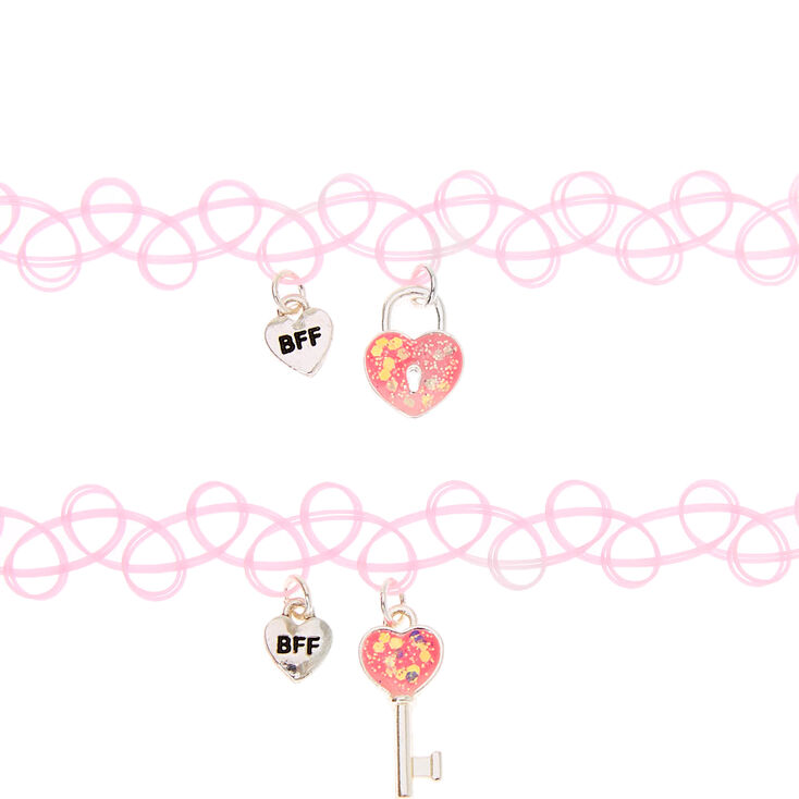 Best Friends Lock &amp; Key Tattoo Choker Necklaces - Pink, 2 Pack,
