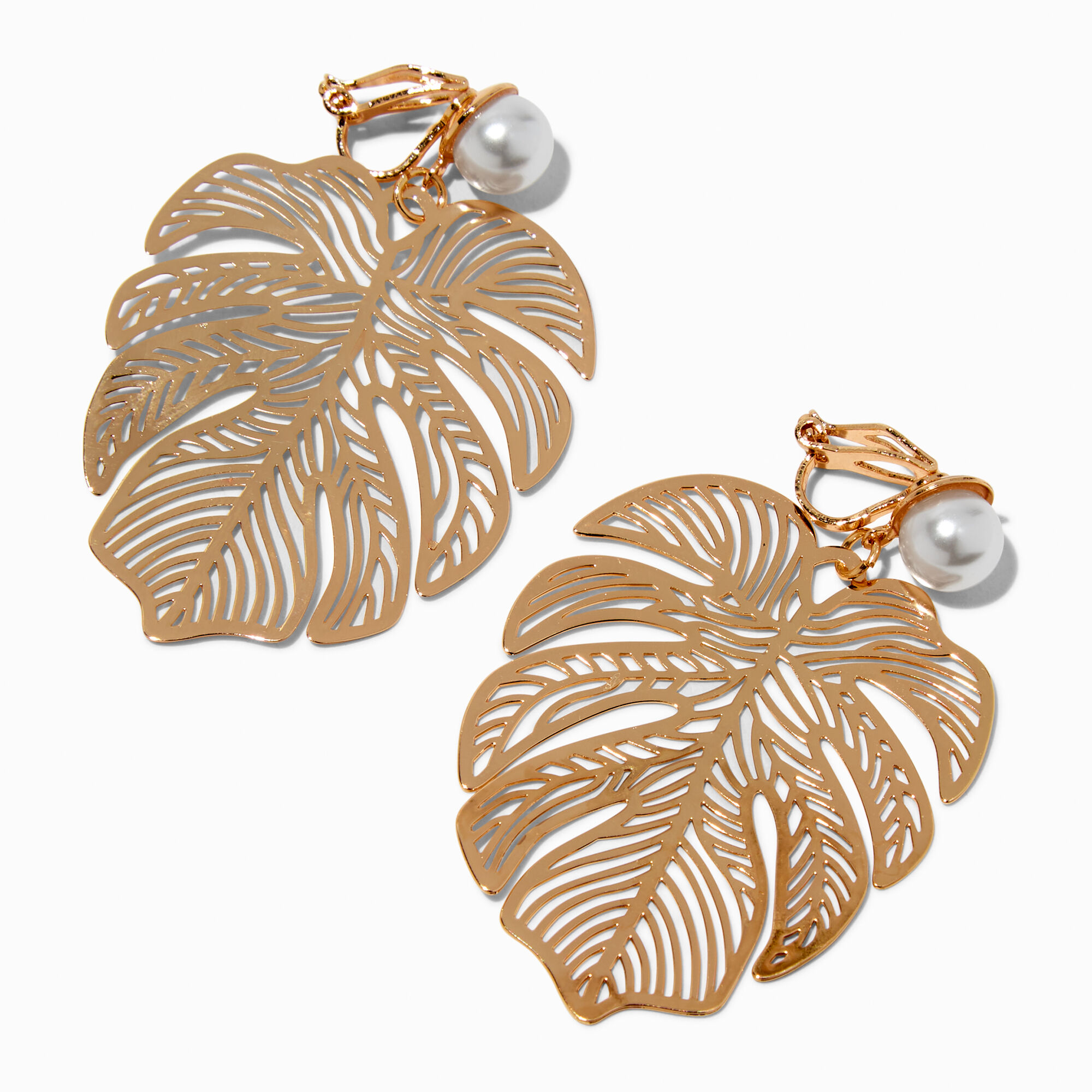 View Claires Tone Monstera Leaf Pearl Clip On Drop Earrings Gold information