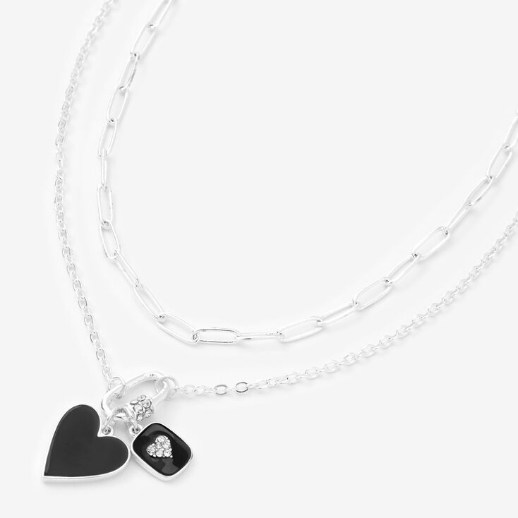 Black Enamel Heart Silver Multi Strand Necklace,