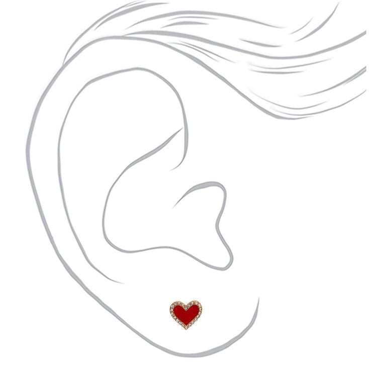 Gold Crystal Heart Stud Earrings - Red,
