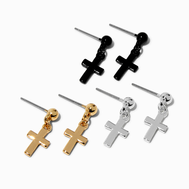 Mixed Metal 0.5&quot; Cross Drop Earrings - 3 Pack,