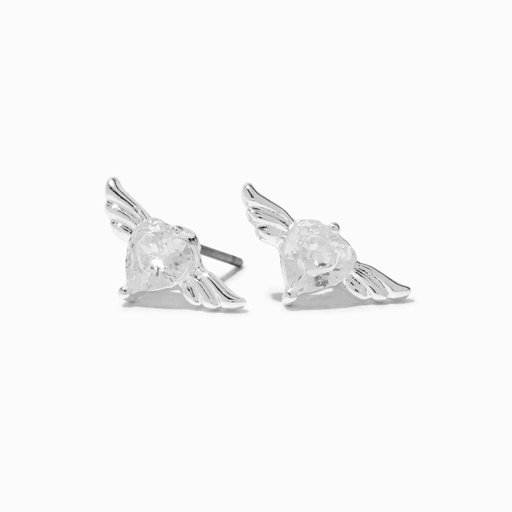 Silver-tone Cubic Zirconia Winged Heart Stud Earrings