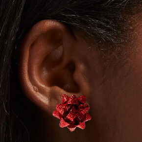Glittery Red Gift Bow Stud Earrings,